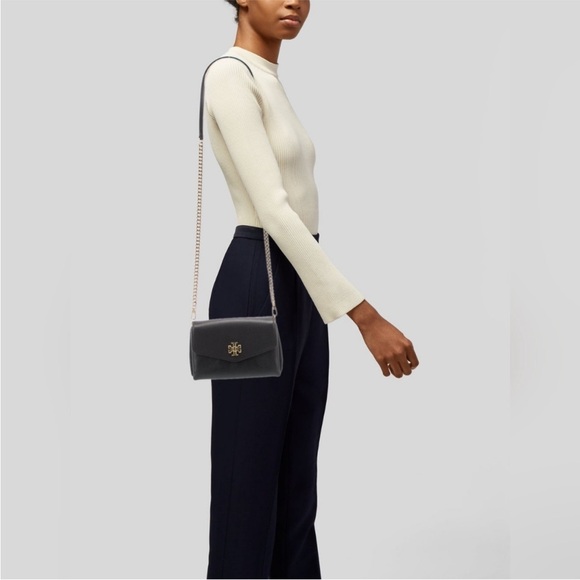 Tory Burch Kira Black Pebbled Leather Mixed Media Mini Crossbody Bag Gold Chain - Picture 2 of 16